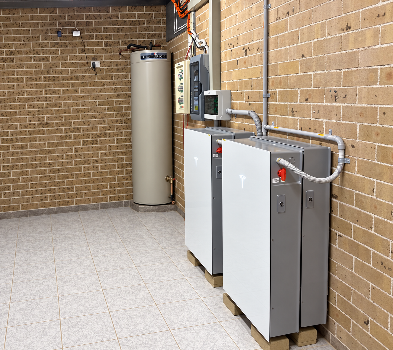 Tesla battery installation showing the battery units and electrical connections